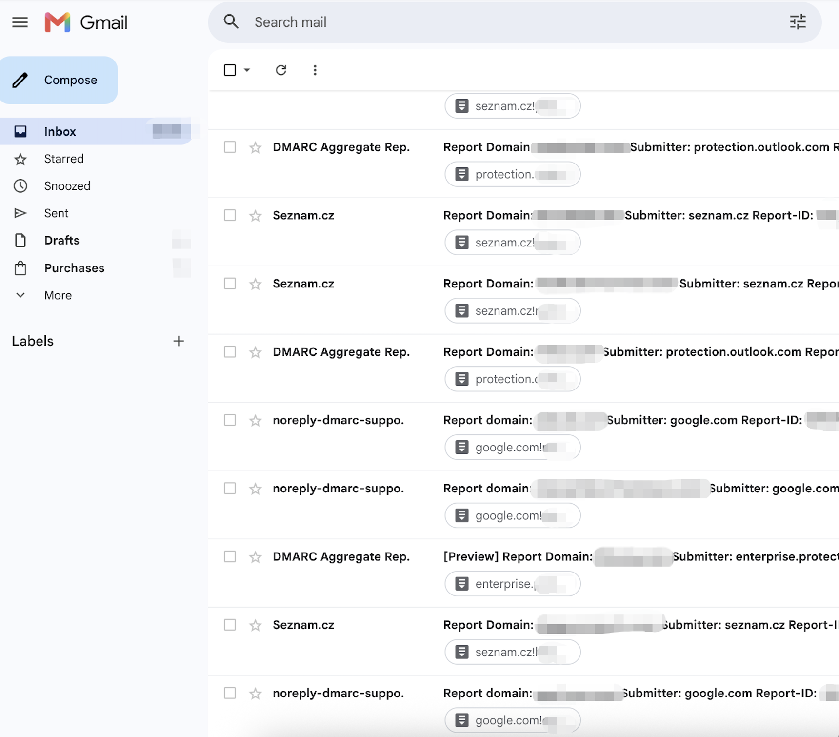 A Gmail inbox filling up with daily DMARC aggregate reports from google.com, protection.outlook.com, seznam.cz and other receivers