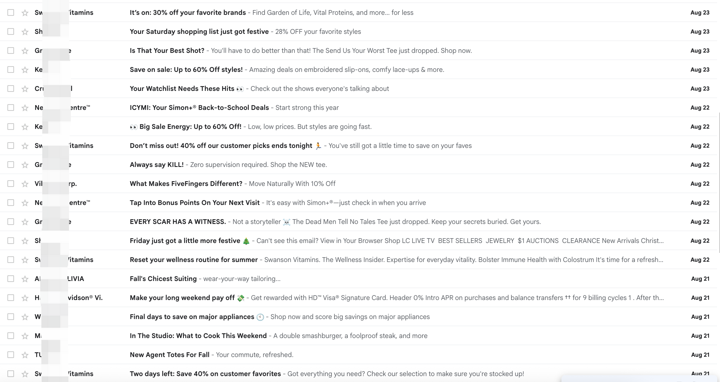 The test Gmail inbox filling with brand marketing emails — Swanson Vitamins, Grunt Style, Keds, TUMI, Crunchyroll and more, August 2026